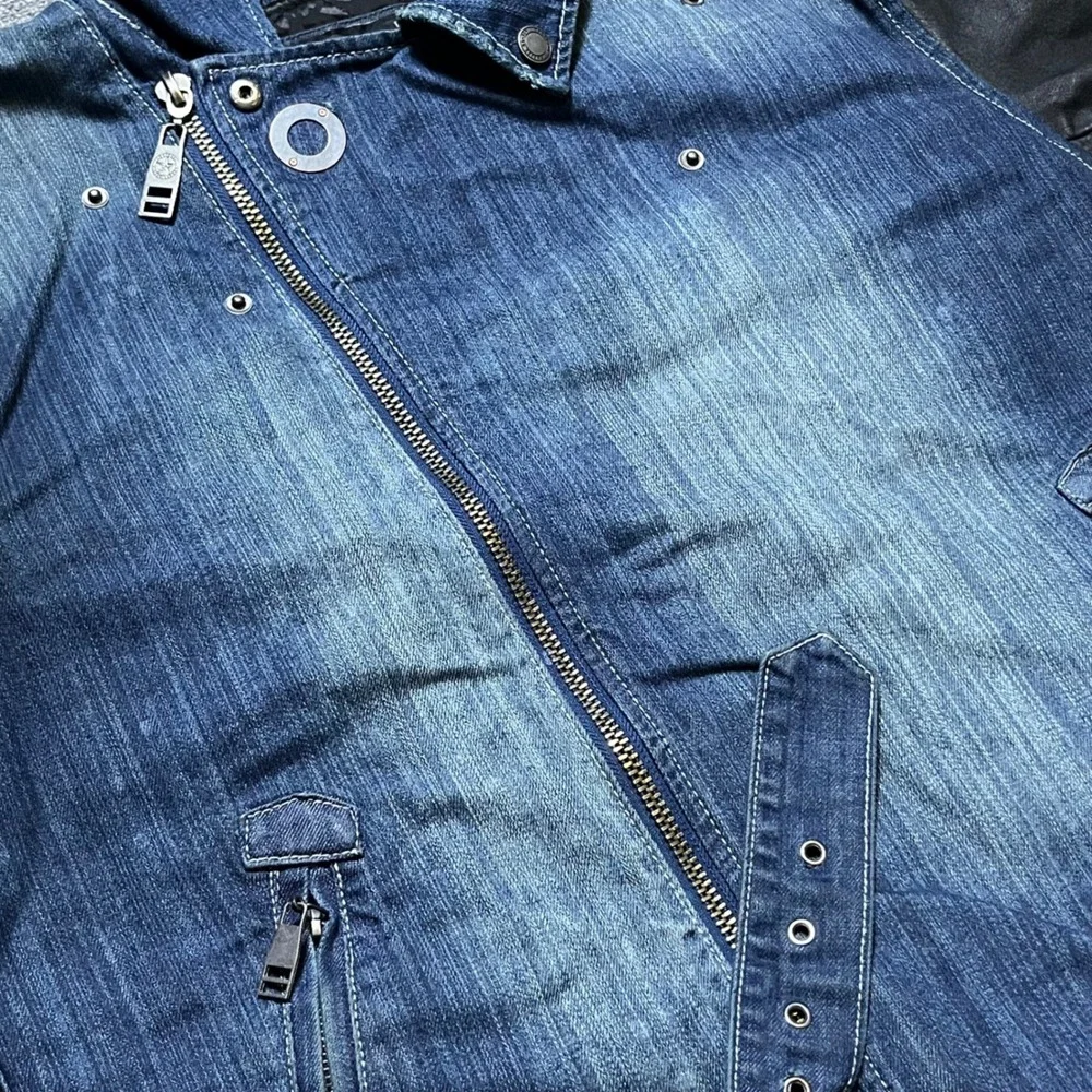 Protocol Motorcycle Jacket XL Blue Denim Black Leather Parish Nation Moto Biker‎